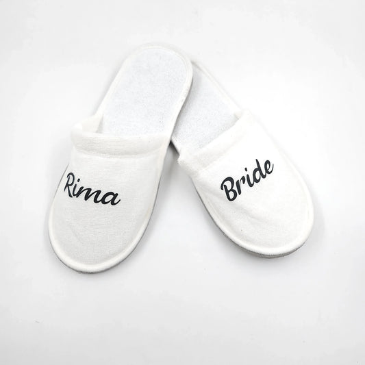 White slippers with 'Bride' and 'Rima' text Women’s gift box Amman Jordan