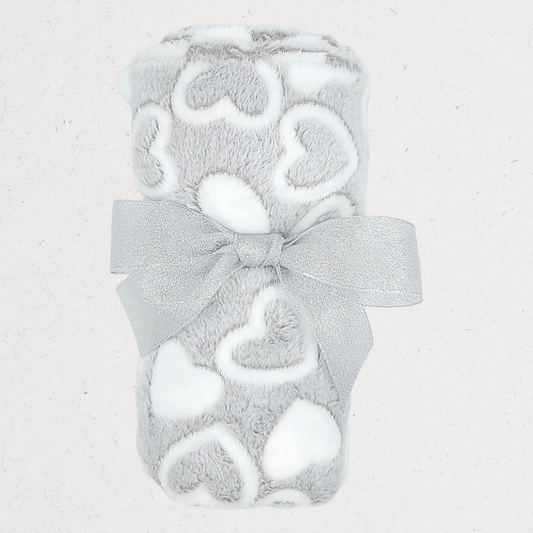 Gray towel with heart patterns and a bow Baby gift Amman Jordan