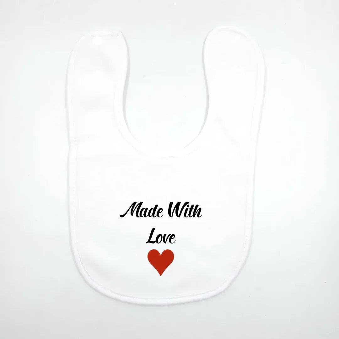 White bib with 'Made With Love' text and a red heart Baby shower personalized gift Amman Jordan