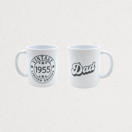 white mugs with 'Vintage 1955' and 'Dad' text Customized gifts for all occasions Amman Jordan