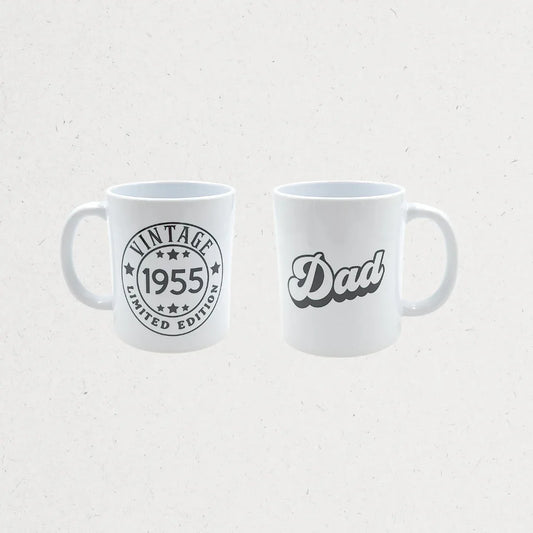white mugs with 'Vintage 1955' and 'Dad' text Customized gifts for all occasions Amman Jordan