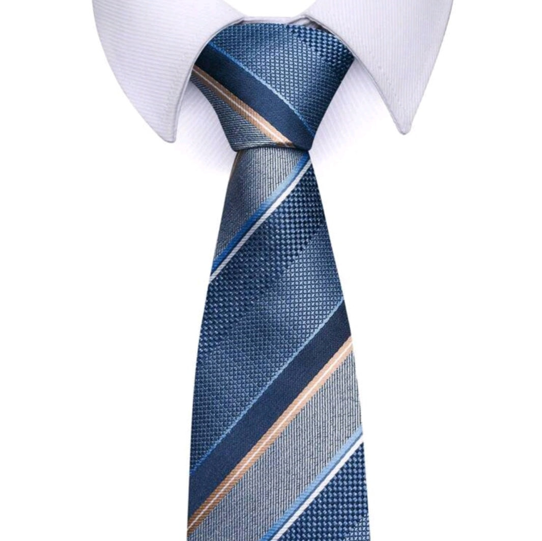 Blue striped tie worn with a white shirt on a white background