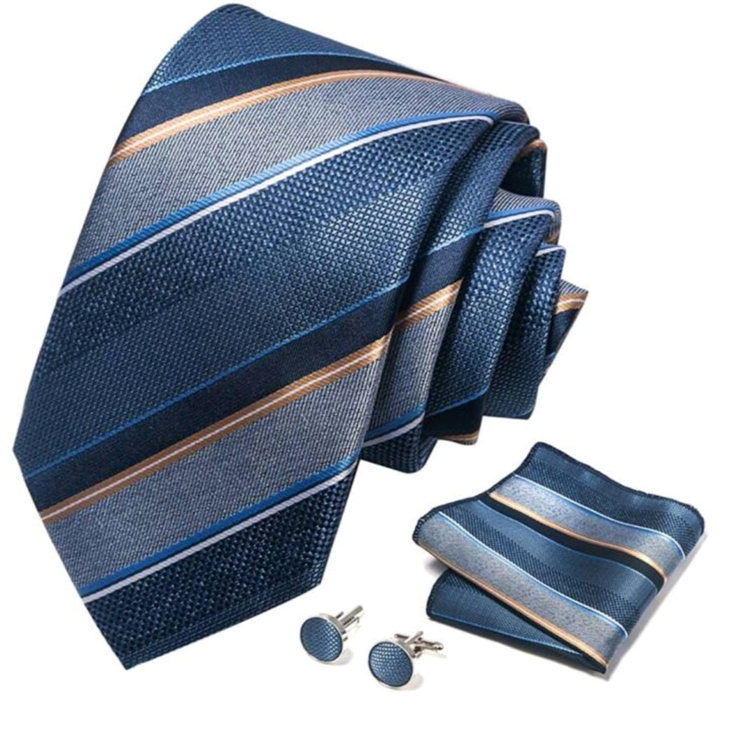Blue striped tie set with matching pocket square and cufflinks on a white background