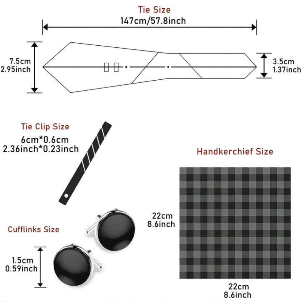 Measurement chart for tie, clip, cufflinks, and handkerchief with corresponding sizes.