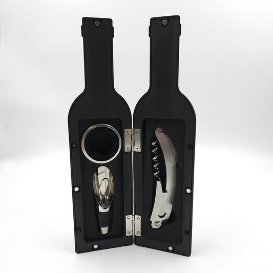 black wine bottle-shaped corkscrew sets on a white background