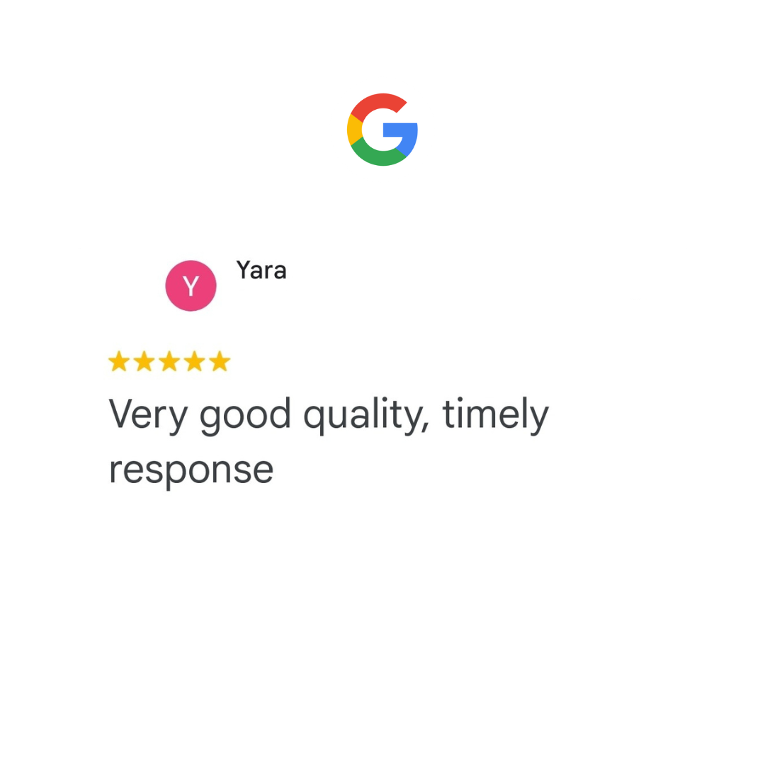 Google review with a five-star rating and text 'Very good quality, timely response'  – The Gifts Maker Amman Jordan