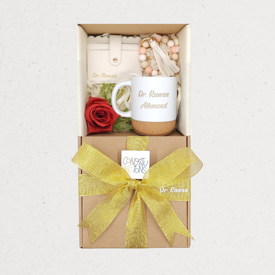 Golden Touch Gift Box with Personalized Women's Wallet, Ceramic Cup, and Artificial Flowers – Amman, Jordan