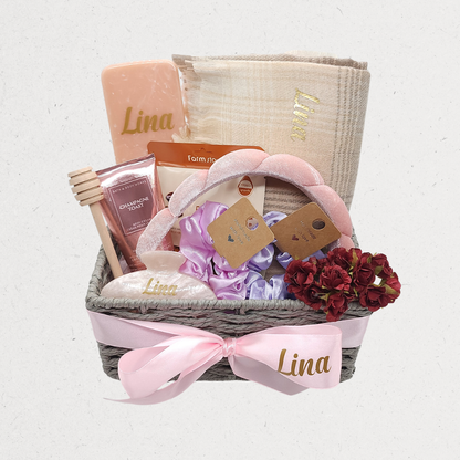 Her Happy Place Gift Basket with Winter Scarf, Scrunchies, Hair Accessories, Face Mask, Body Cream, Hair Brush, Honey Spoon, and Artificial Flowers – Jordan