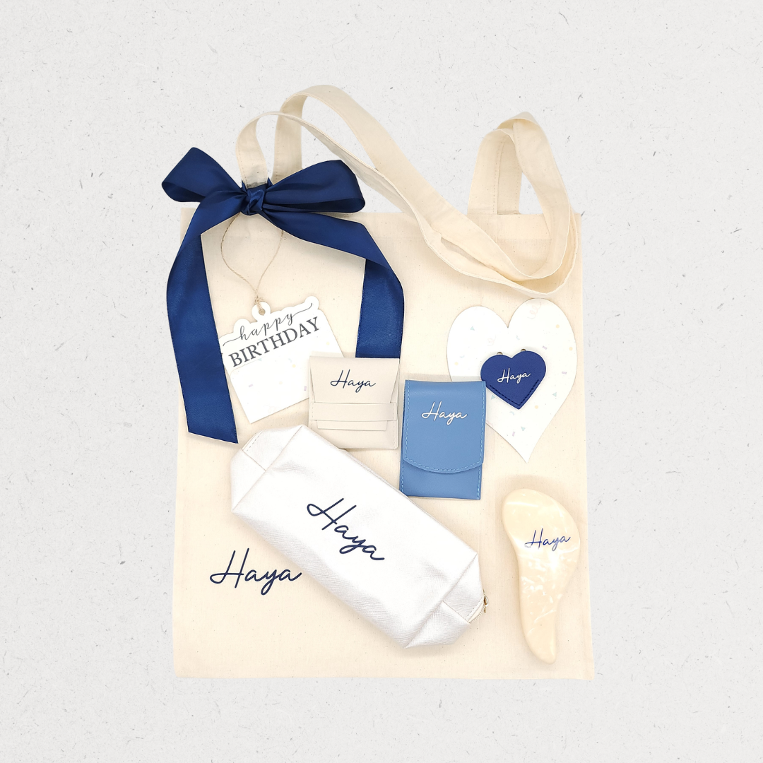 Her Own Brand Gift Bag with Personalized Tote Bag, Essentials Pouch, Jewelry Holder Pouch, Nail Grooming Kit, Hair Brush, Bookmark, and Message Tag Keychain – Amman, Jordan