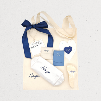 Her Own Brand Gift Bag with Personalized Tote Bag, Essentials Pouch, Jewelry Holder Pouch, Nail Grooming Kit, Hair Brush, Bookmark, and Message Tag Keychain – Amman, Jordan
