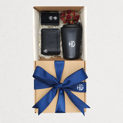 His Monogram Gift Box with Personalized Slim Card Holder Wallet, Travel Cup, Customized Cufflinks, and Artificial Flowers – Jordan