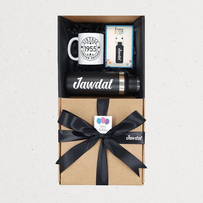 Gift set with mug, thermos, and card in a box with a black ribbon Customized gifts for all occasions Amman Jordan