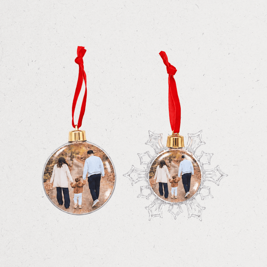Personalized double-sided Christmas photo ornaments in round and snowflake designs, customized with family photos on the front and back.