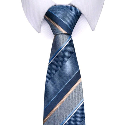 Blue striped tie worn with a white shirt on a white background