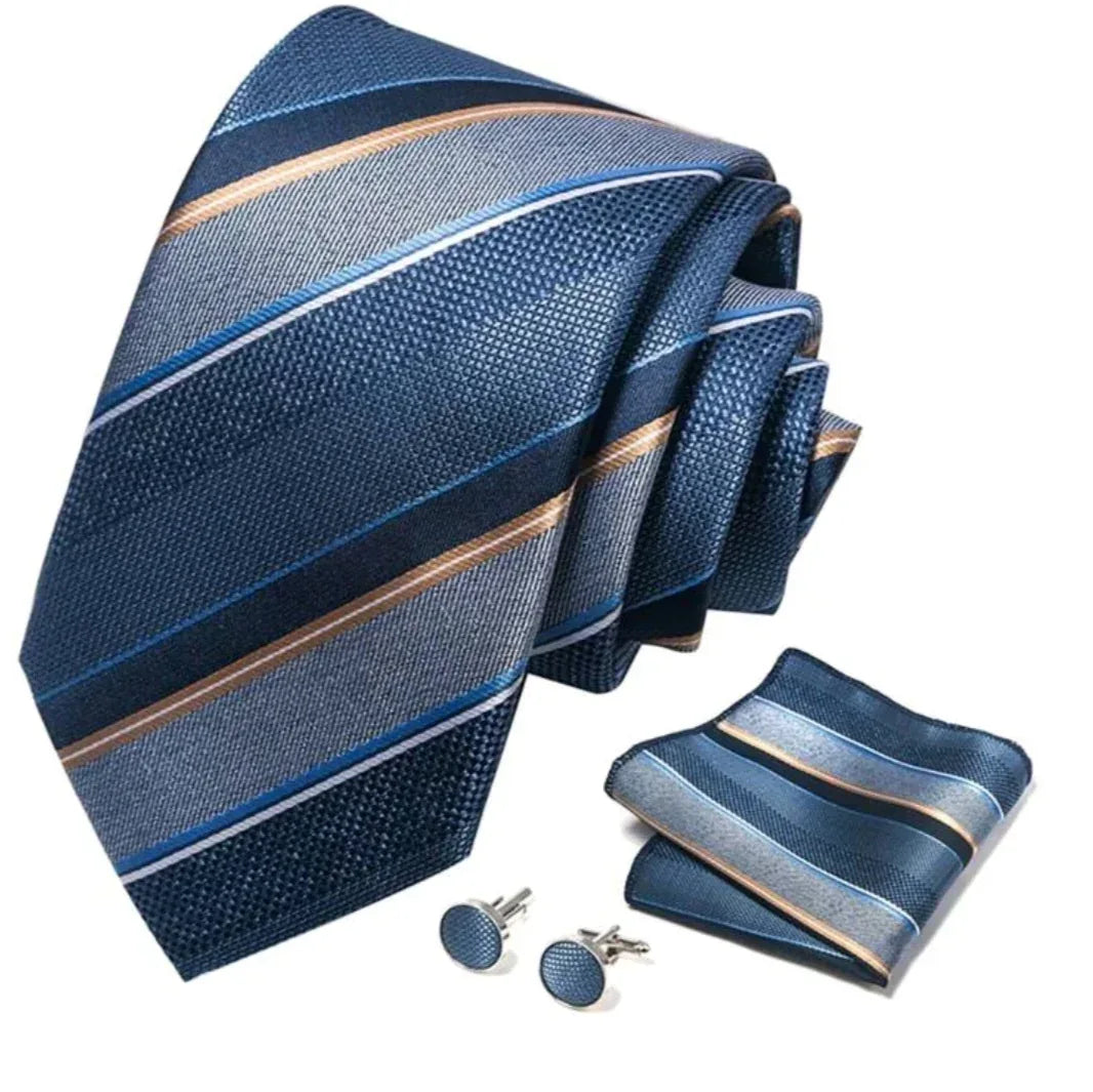 Blue striped tie set with matching pocket square and cufflinks Men’s gift box Amman Jordan | صندوق هدايا للرجال في عمّان – الأردن