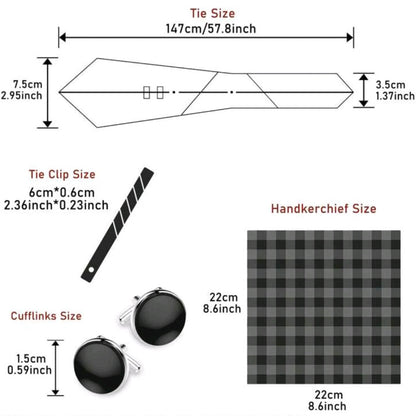 Measurement chart for tie, clip, cufflinks, and handkerchief with corresponding sizes.