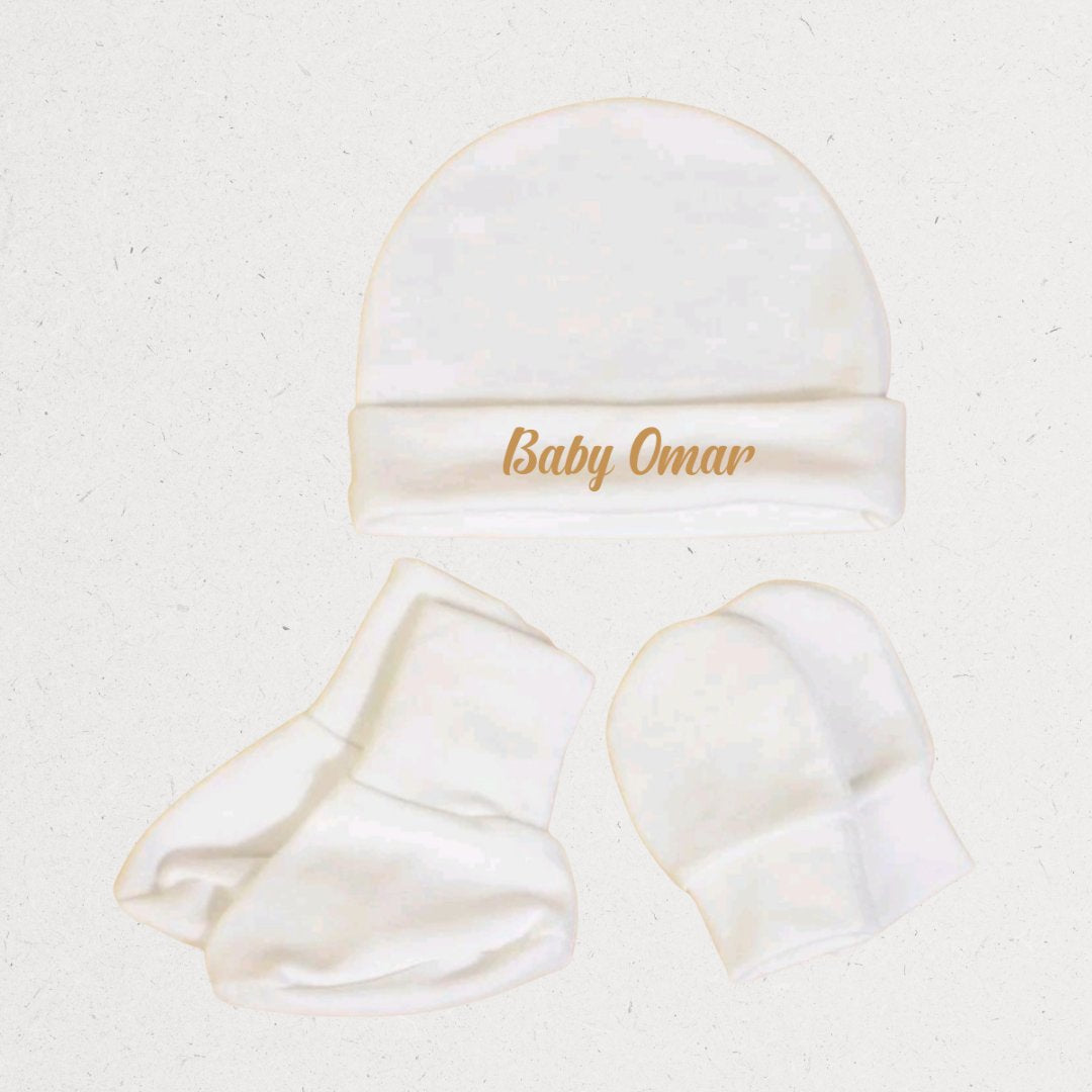 White baby hat and booties set Baby shower personalized gift Amman Jordan